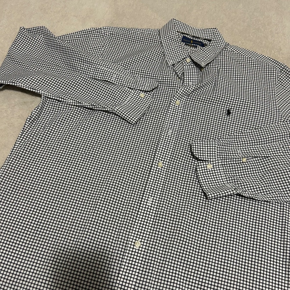 Ralph Lauren Button Down Mens XXL Black‎ White Gingham Slim Fit Cotton Stretch